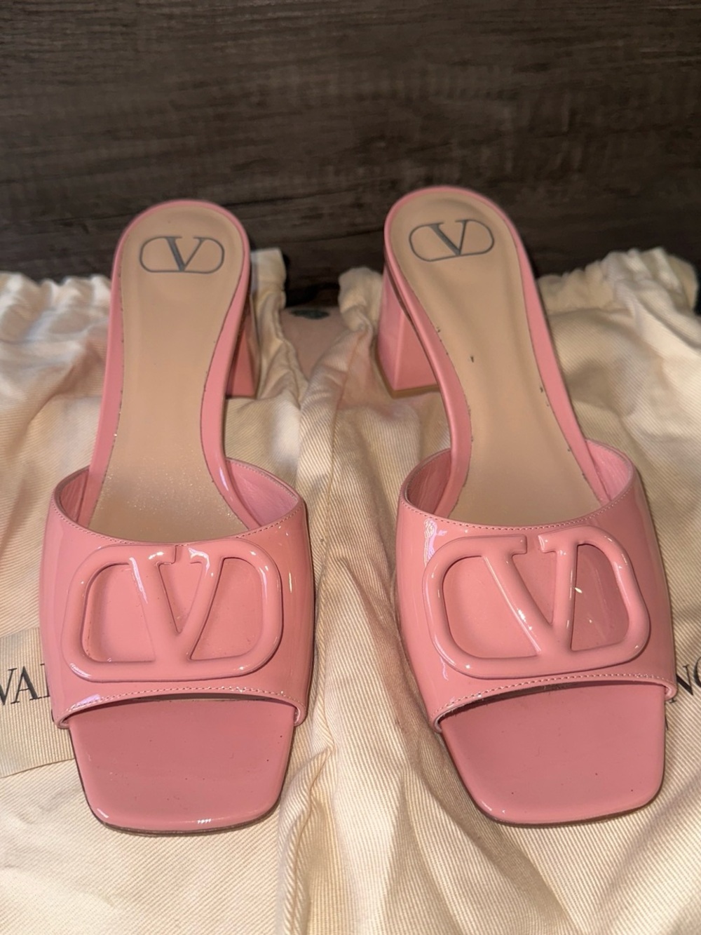 Valentino Pink Patent VLogo Square-Toe Slide Heels